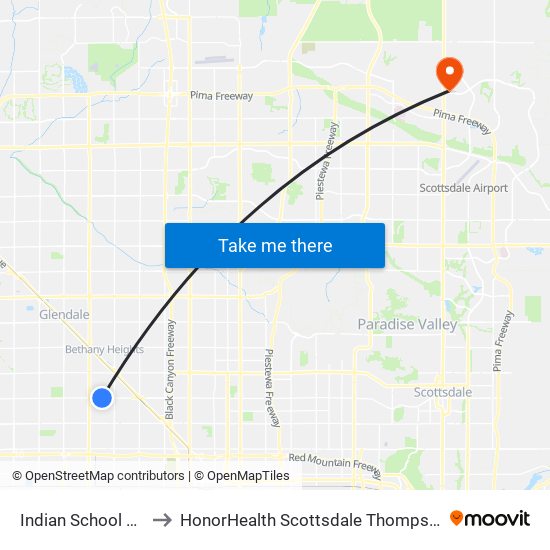 Indian School Rd & 47th Av to HonorHealth Scottsdale Thompson Peak Medical Center map