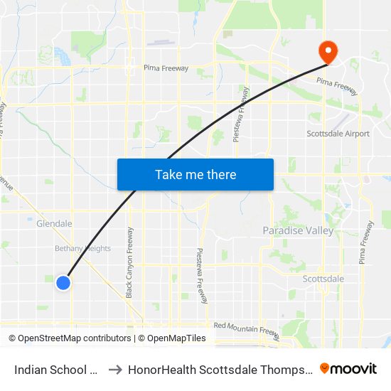 Indian School Rd & 55th Av to HonorHealth Scottsdale Thompson Peak Medical Center map