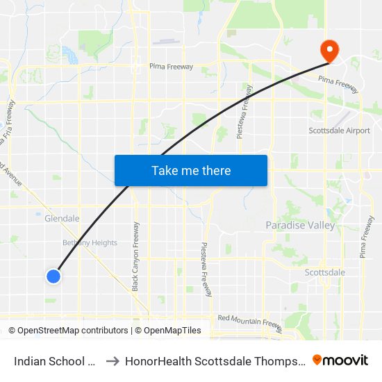 Indian School Rd & 63rd Av to HonorHealth Scottsdale Thompson Peak Medical Center map