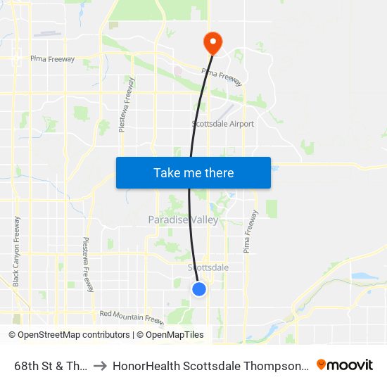 68th St & Thomas Rd to HonorHealth Scottsdale Thompson Peak Medical Center map