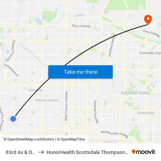 83rd Av & Osborn Rd to HonorHealth Scottsdale Thompson Peak Medical Center map