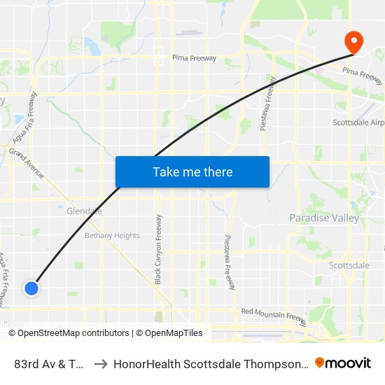 83rd Av & Thomas Rd to HonorHealth Scottsdale Thompson Peak Medical Center map