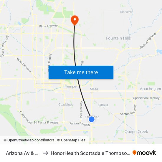 Arizona Av & Chandler Bl to HonorHealth Scottsdale Thompson Peak Medical Center map