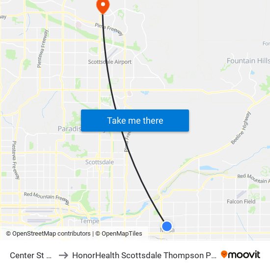 Center St & 5th St to HonorHealth Scottsdale Thompson Peak Medical Center map