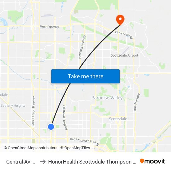 Central Av & Earll Dr to HonorHealth Scottsdale Thompson Peak Medical Center map