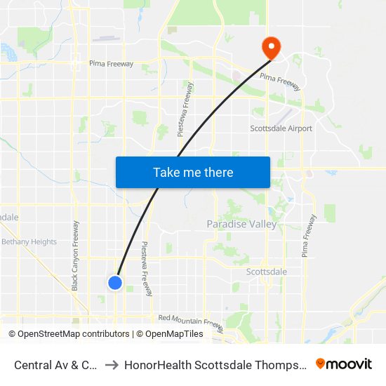 Central Av & Columbus Av to HonorHealth Scottsdale Thompson Peak Medical Center map