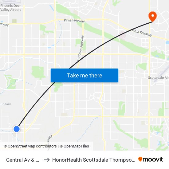 Central Av & Hatcher Rd to HonorHealth Scottsdale Thompson Peak Medical Center map