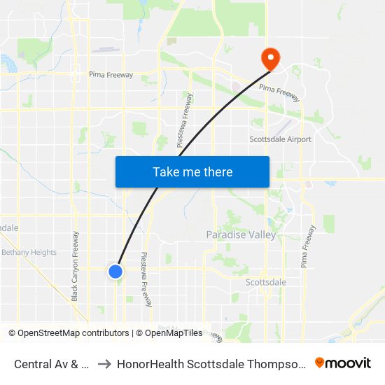 Central Av & Pierson St to HonorHealth Scottsdale Thompson Peak Medical Center map