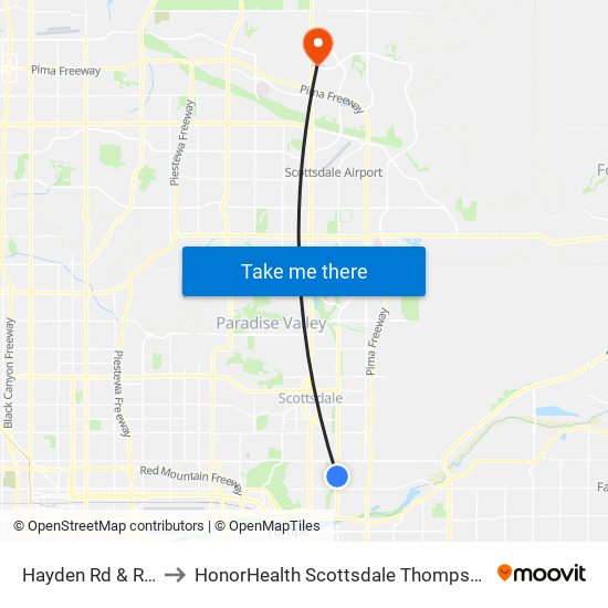 Hayden Rd & Roosevelt St to HonorHealth Scottsdale Thompson Peak Medical Center map