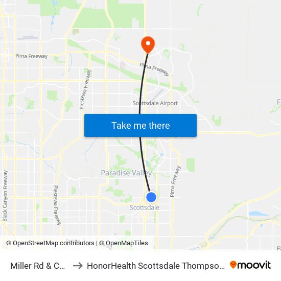 Miller Rd & Chaparral Rd to HonorHealth Scottsdale Thompson Peak Medical Center map