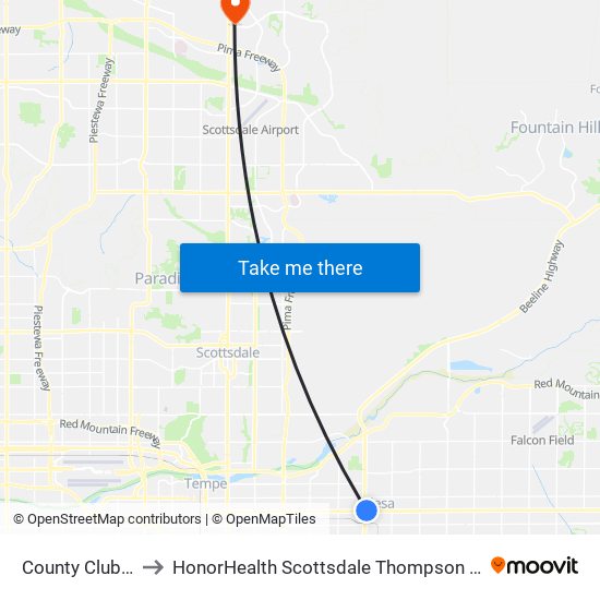 County Club/Main St to HonorHealth Scottsdale Thompson Peak Medical Center map