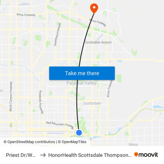 Priest Dr/Washington to HonorHealth Scottsdale Thompson Peak Medical Center map