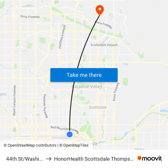 44th St/Washington (Phx) to HonorHealth Scottsdale Thompson Peak Medical Center map