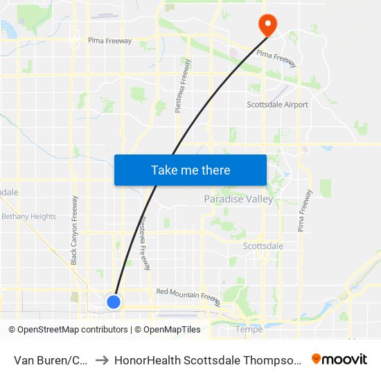 Van Buren/Central Ave to HonorHealth Scottsdale Thompson Peak Medical Center map