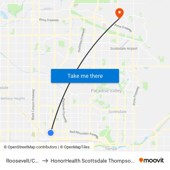 Roosevelt/Central Ave to HonorHealth Scottsdale Thompson Peak Medical Center map