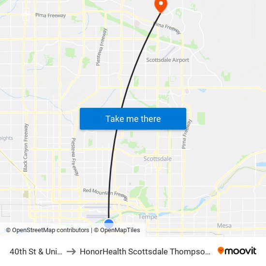 40th St & University Dr to HonorHealth Scottsdale Thompson Peak Medical Center map