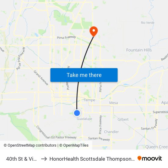 40th St & Vineyard Av to HonorHealth Scottsdale Thompson Peak Medical Center map