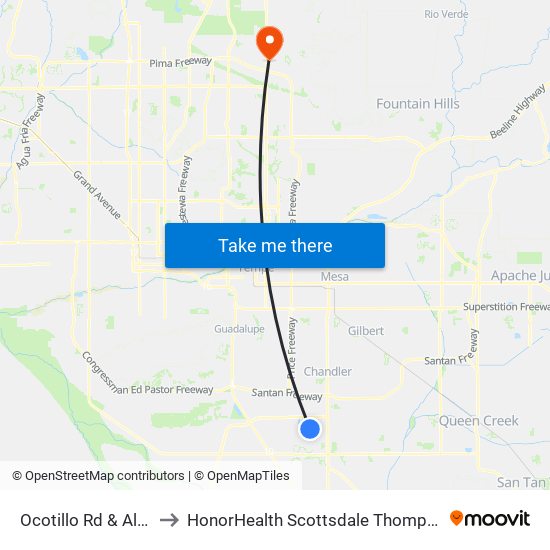 Ocotillo Rd & Alma School Rd to HonorHealth Scottsdale Thompson Peak Medical Center map