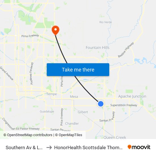 Southern Av & Leisure World Bl to HonorHealth Scottsdale Thompson Peak Medical Center map