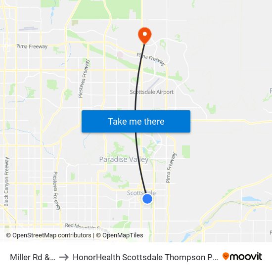 Miller Rd & 2nd St to HonorHealth Scottsdale Thompson Peak Medical Center map