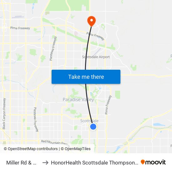 Miller Rd & Osborn Rd to HonorHealth Scottsdale Thompson Peak Medical Center map