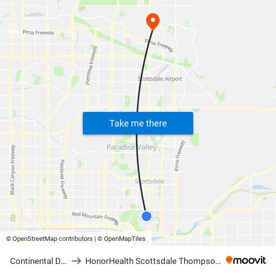 Continental Dr & 70th St to HonorHealth Scottsdale Thompson Peak Medical Center map