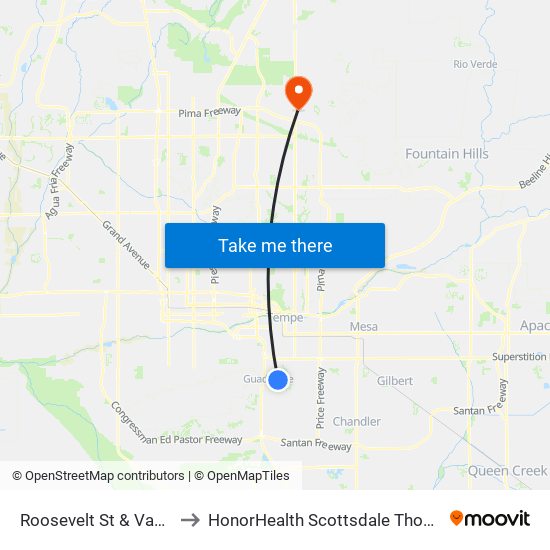 Roosevelt St & Vaughn St (Flag Zone) to HonorHealth Scottsdale Thompson Peak Medical Center map