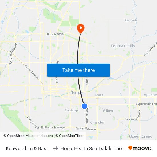 Kenwood Ln & Baseline Rd (Flag Zone) to HonorHealth Scottsdale Thompson Peak Medical Center map