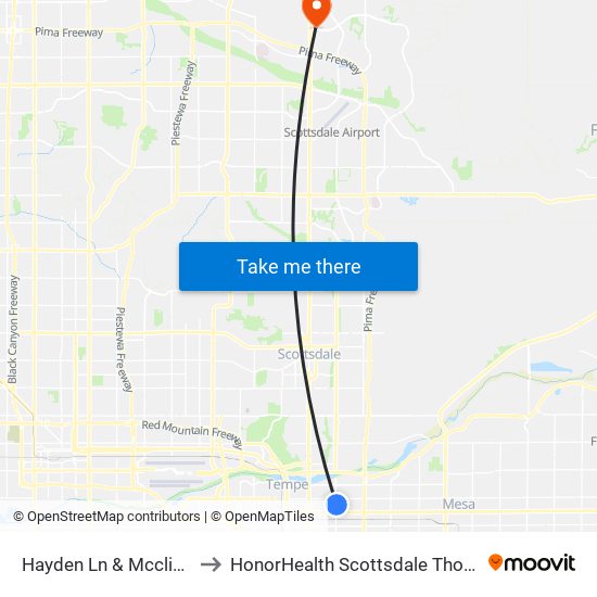 Hayden Ln & Mcclintock Dr (Flag Zone) to HonorHealth Scottsdale Thompson Peak Medical Center map