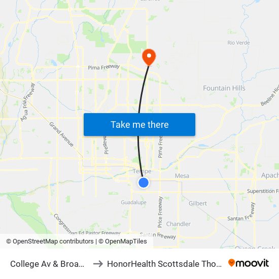 College Av & Broadway Rd (Flag Zone) to HonorHealth Scottsdale Thompson Peak Medical Center map