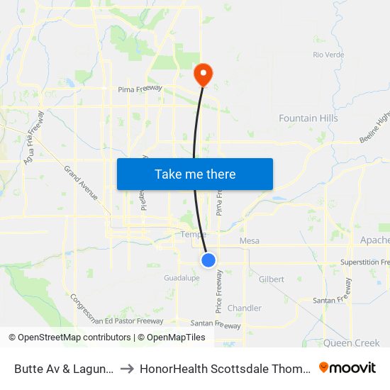 Butte Av & Laguna Dr (Flag Zone) to HonorHealth Scottsdale Thompson Peak Medical Center map