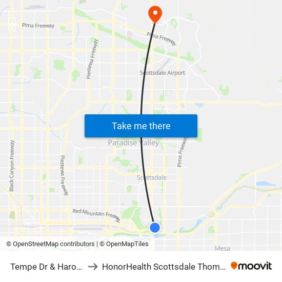 Tempe Dr & Harold St (Flag Zone) to HonorHealth Scottsdale Thompson Peak Medical Center map