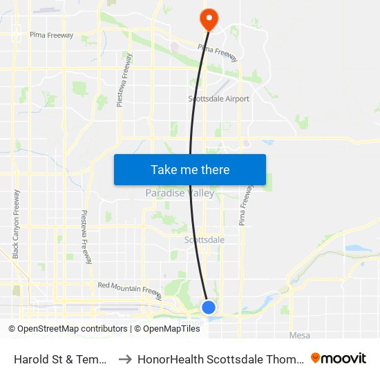 Harold St & Tempe Dr (Flag Zone) to HonorHealth Scottsdale Thompson Peak Medical Center map