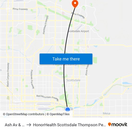 Ash Av & 3rd St to HonorHealth Scottsdale Thompson Peak Medical Center map