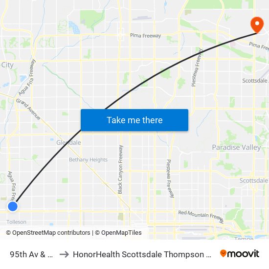 95th Av & Palm Ln to HonorHealth Scottsdale Thompson Peak Medical Center map