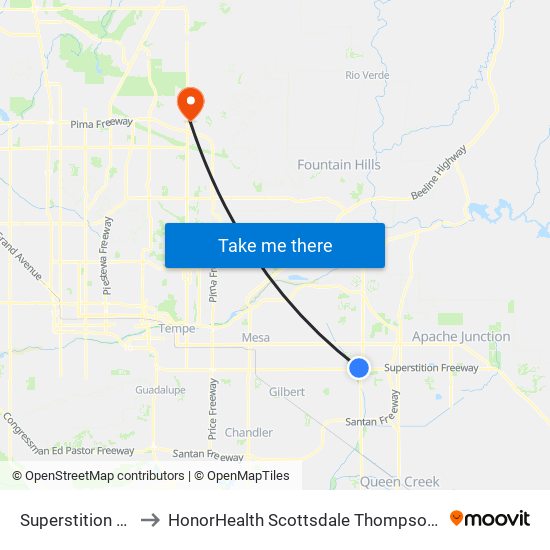 Superstition Springs Tc to HonorHealth Scottsdale Thompson Peak Medical Center map