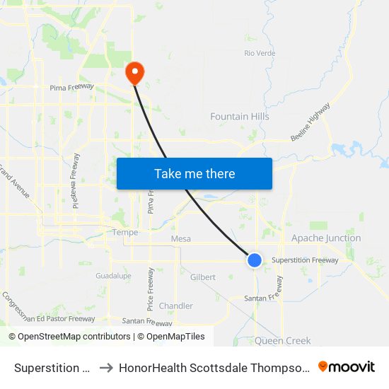 Superstition Springs Tc to HonorHealth Scottsdale Thompson Peak Medical Center map