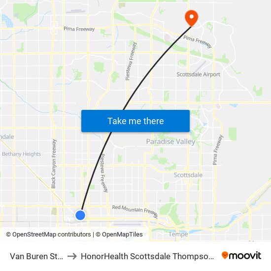 Van Buren St & 2nd Av to HonorHealth Scottsdale Thompson Peak Medical Center map