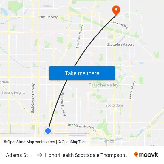Adams St & 3rd Av to HonorHealth Scottsdale Thompson Peak Medical Center map