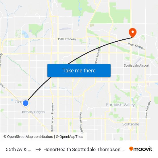 55th Av & Glenn Dr to HonorHealth Scottsdale Thompson Peak Medical Center map