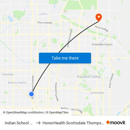 Indian School Rd & 27th Av to HonorHealth Scottsdale Thompson Peak Medical Center map