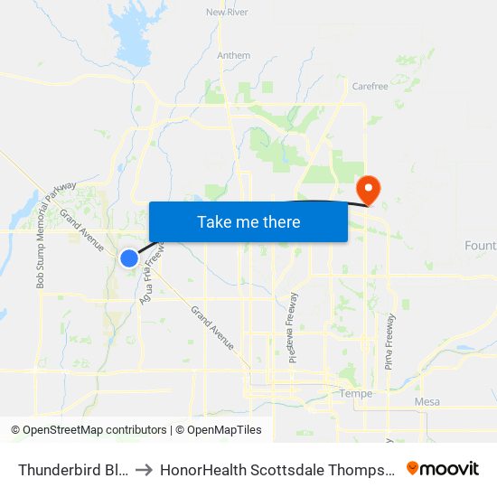 Thunderbird Bl & 105th Av to HonorHealth Scottsdale Thompson Peak Medical Center map