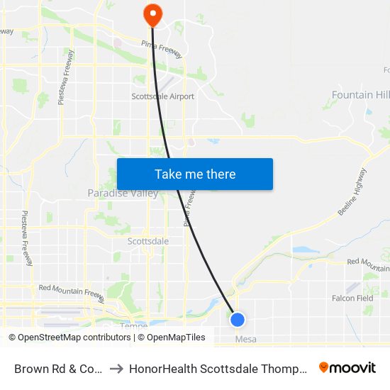 Brown Rd & Country Club Dr to HonorHealth Scottsdale Thompson Peak Medical Center map