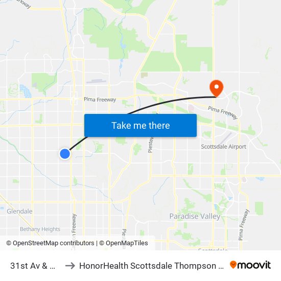 31st Av & Willow Av to HonorHealth Scottsdale Thompson Peak Medical Center map