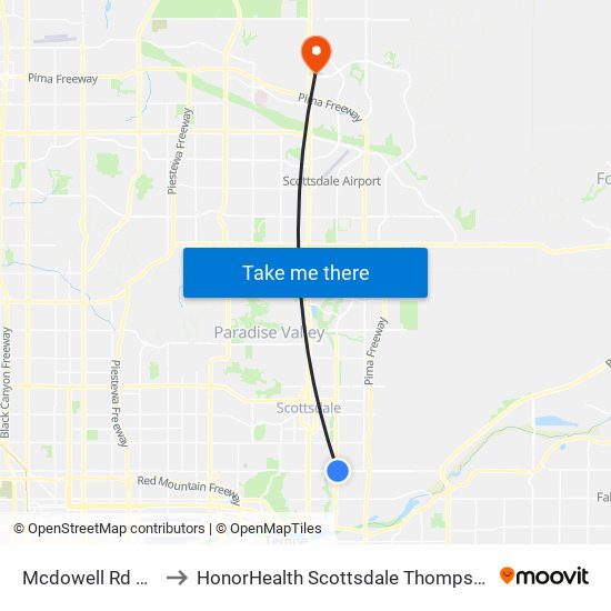 Mcdowell Rd & Hayden Rd to HonorHealth Scottsdale Thompson Peak Medical Center map