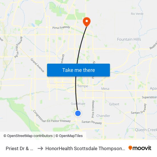 Priest Dr & Stacey Ln to HonorHealth Scottsdale Thompson Peak Medical Center map