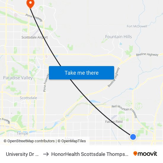 University Dr & Power Rd to HonorHealth Scottsdale Thompson Peak Medical Center map