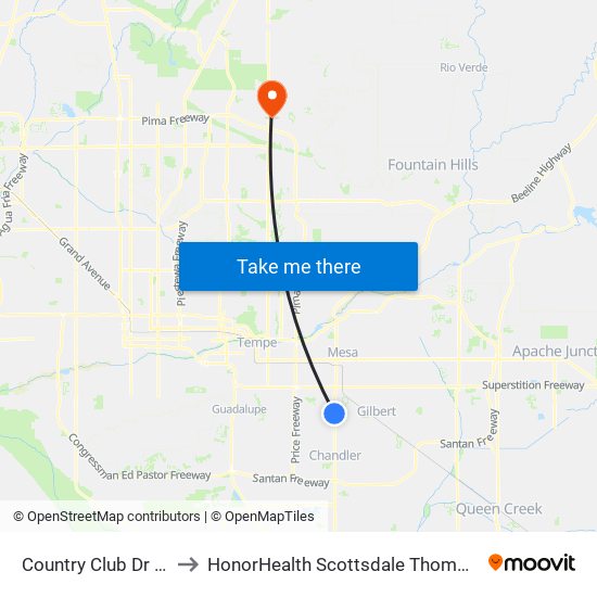 Country Club Dr & Campbell Rd to HonorHealth Scottsdale Thompson Peak Medical Center map