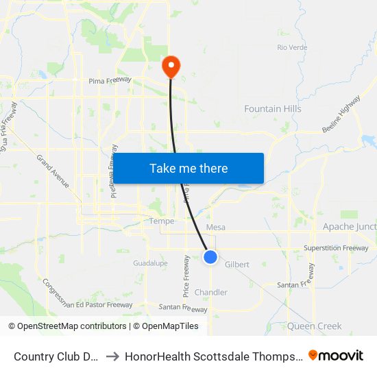 Country Club Dr & Desert Ln to HonorHealth Scottsdale Thompson Peak Medical Center map