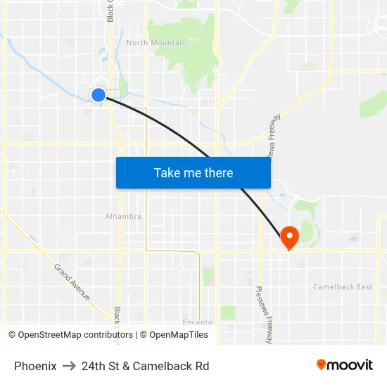 Phoenix to 24th St & Camelback Rd map